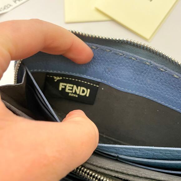 Fendi Romano Selleria Zip Around Wallet Continental Blue Calfskin Thick Stitches - Picture 14 of 15